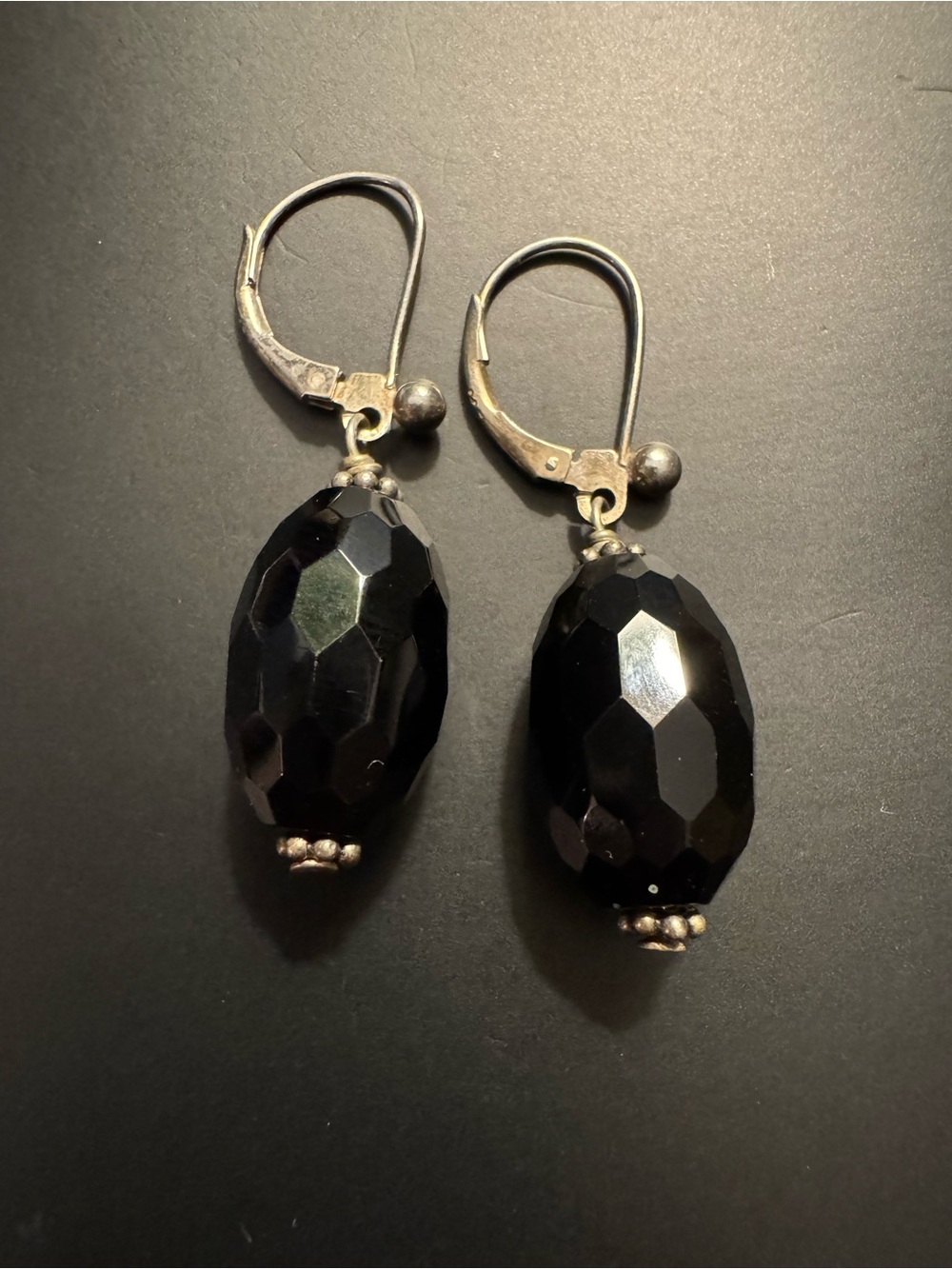 925 Sterling Silver Black Faceted Glass Leverback Earrings
